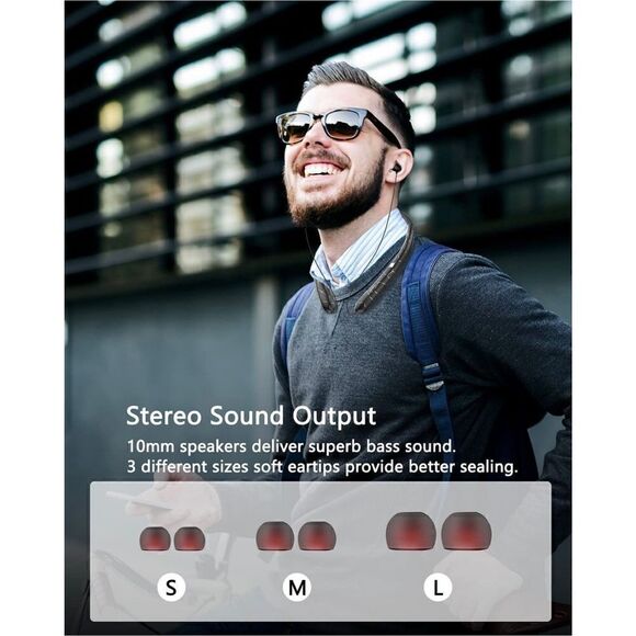 Neckband Bluetooth Headphones Stereo Earbuds, Black - Picture 6 of 7